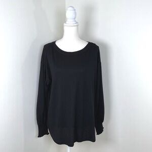 Jessica Simpson Ribbed Knit Top Smocked Cuff Long Sleeve Blouse Black‎ L